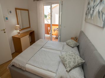 blue apartment, bedroom, double bed