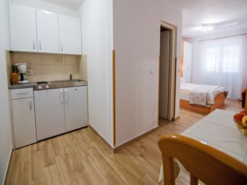 studio apartment, kitchen, LCD TV with satellite channels, kitchen table
